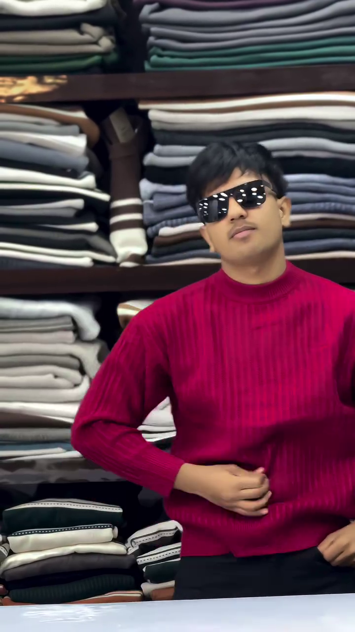 Radiant Rouge Ribbed Luxe Sweater with Midnight Tint Sunglasses – A Statement Ensemble for Bold Souls