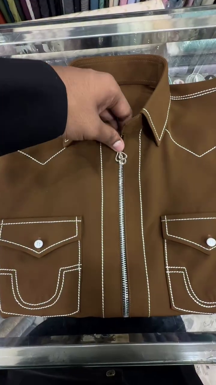 Chestnut Thread Contrast Zip Shirt – A Tailored Canvas of Texture & Craft” 🤎🪡🧵👘🌟