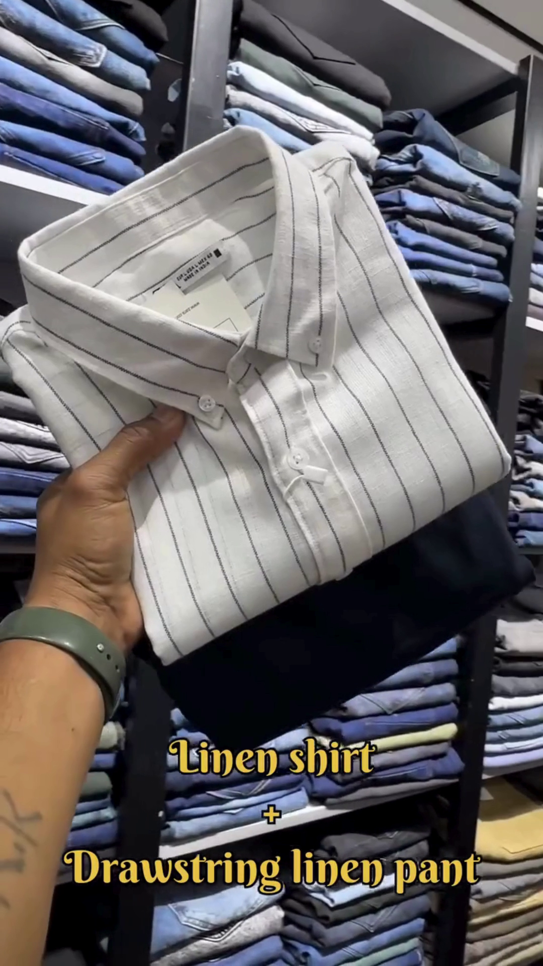“Striped Breeze Linen Shirt with Midnight Drawstring Trousers – A Whisper of Summer Sophistication” 🤍🖤🌬️👖🌞
