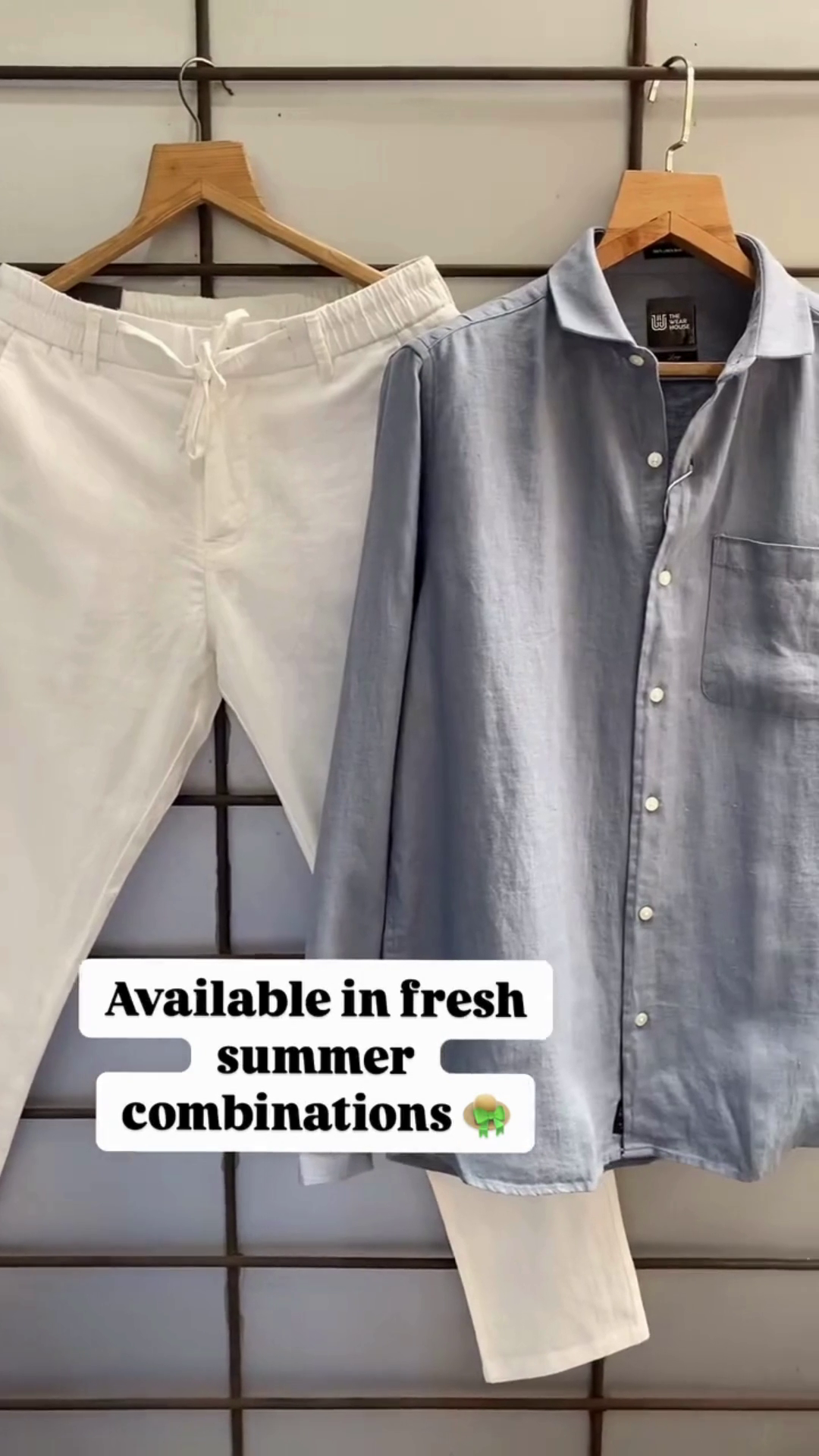 Sage Green Linen Band‑Collar Long‑Sleeve Shirt with Off‑White Drawstring Comfort Trousers Resort Co‑ord Set” 🌿