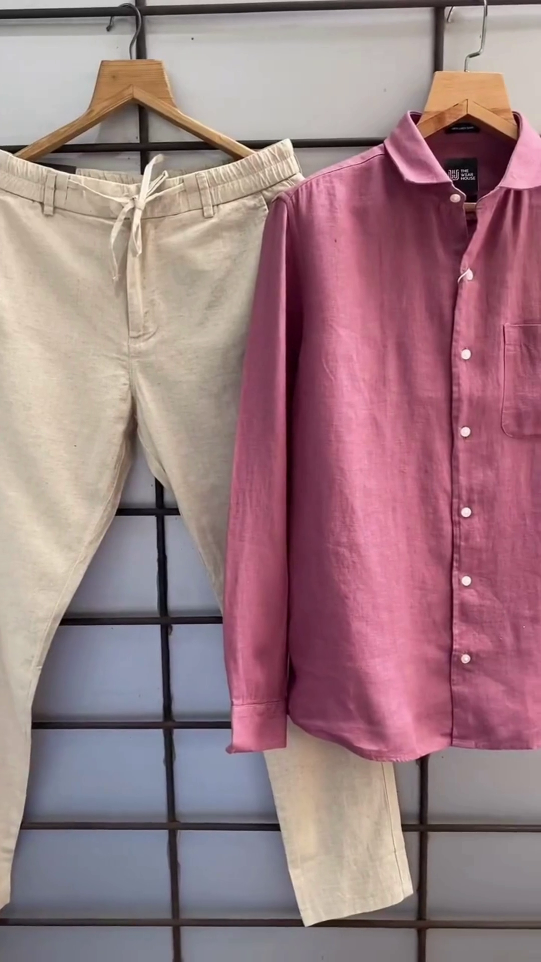 Sage Green Linen Band‑Collar Long‑Sleeve Shirt with Off‑White Drawstring Comfort Trousers Resort Co‑ord Set” 🌿