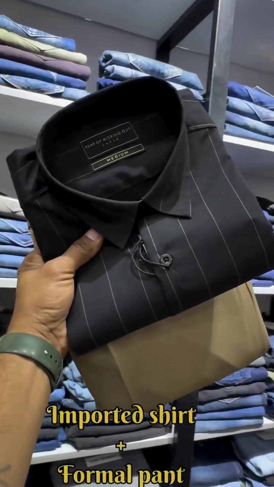 Olive Pinstripe Imported Button‑Down Shirt with Classic Black Slim‑Fit Formal Trouser Set for Office & Events” 🫒
