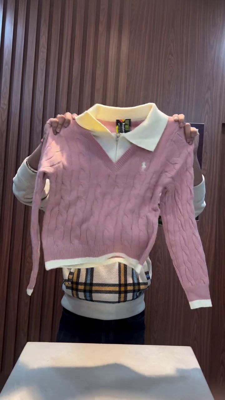 Maroon Cable‑Knit V‑Neck Sweater with Contrast Ivory Shirt‑Style Collar and Checked Hem Panel for Youth Winter Fashion” 🍷