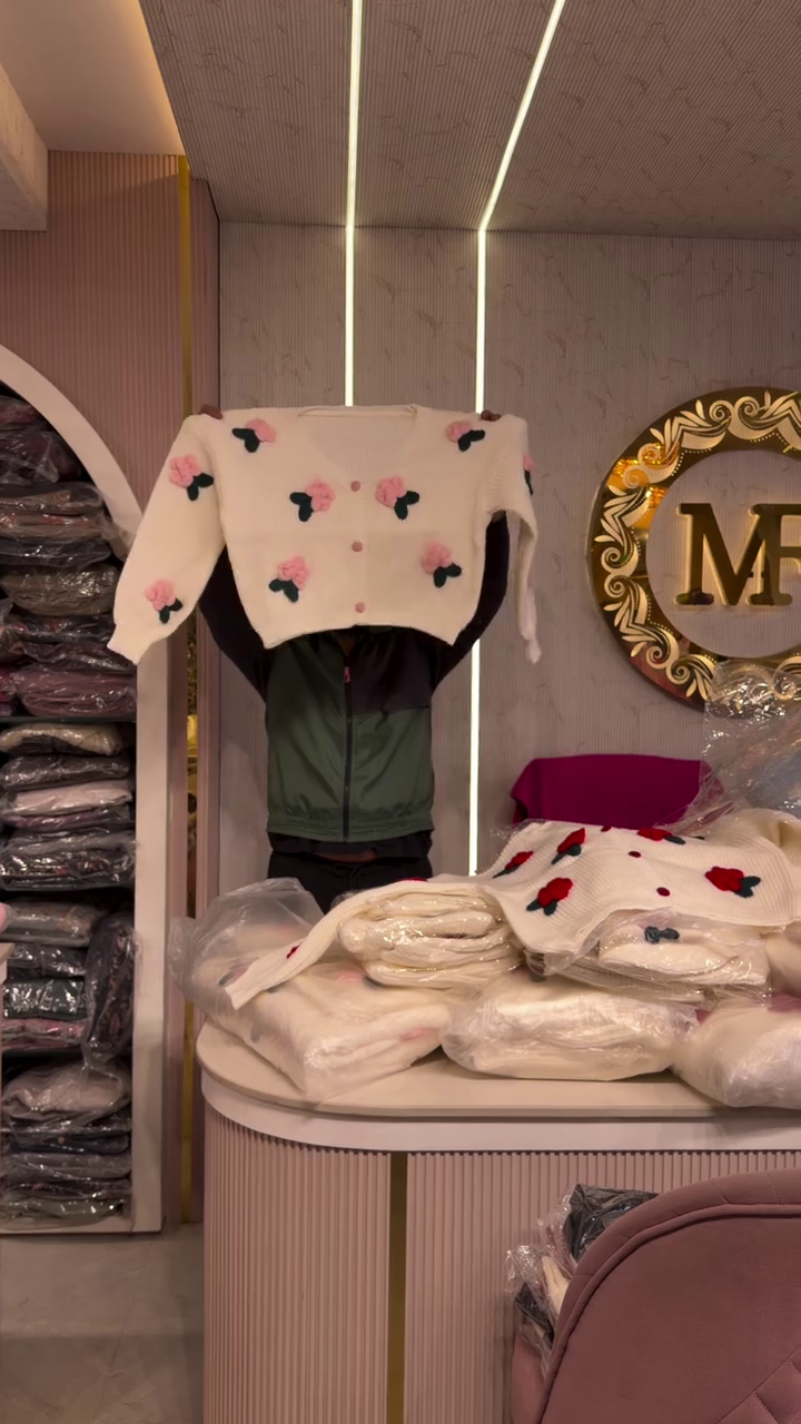 Cream Soft‑Knit Cropped Cardigan Sweater with 3D Red Floral Appliqué and Front Button Closure for Cute Winter Outfits” 🌼