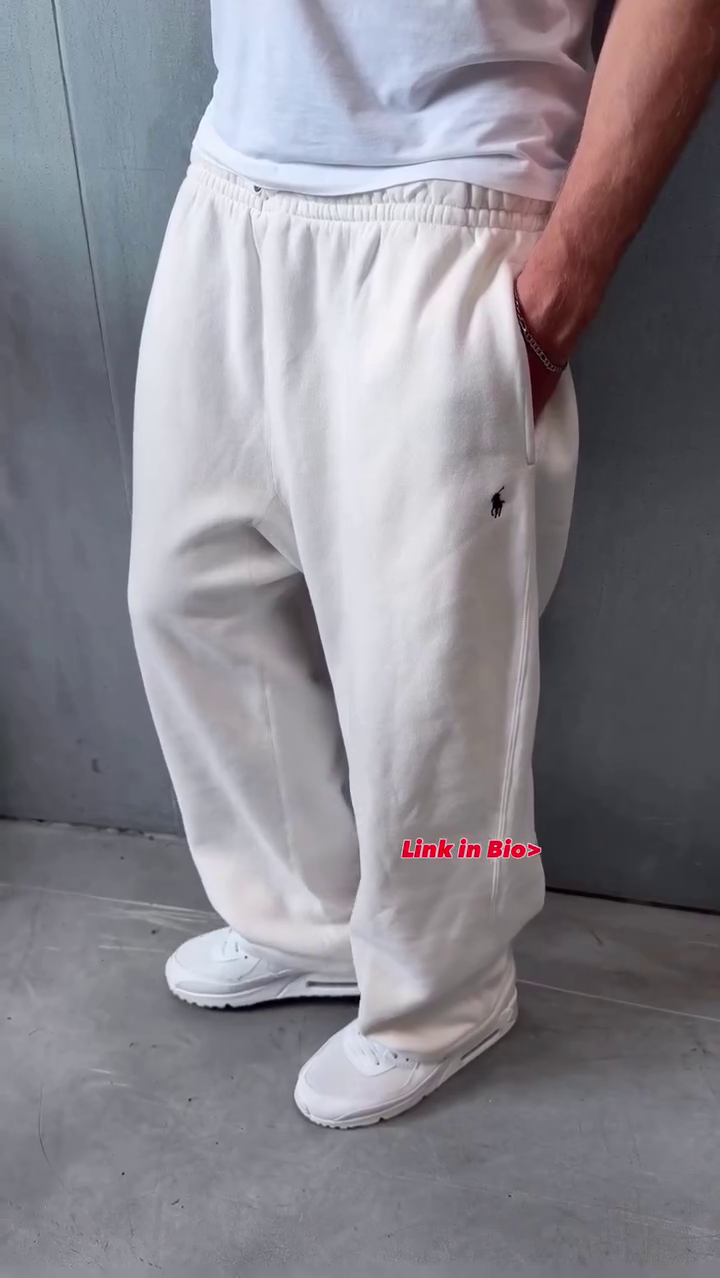 Off‑White Relaxed Wide‑Leg Track Pants with Elastic Waist and Black Side Piping for Athleisure & Lounge Wear” 🤍