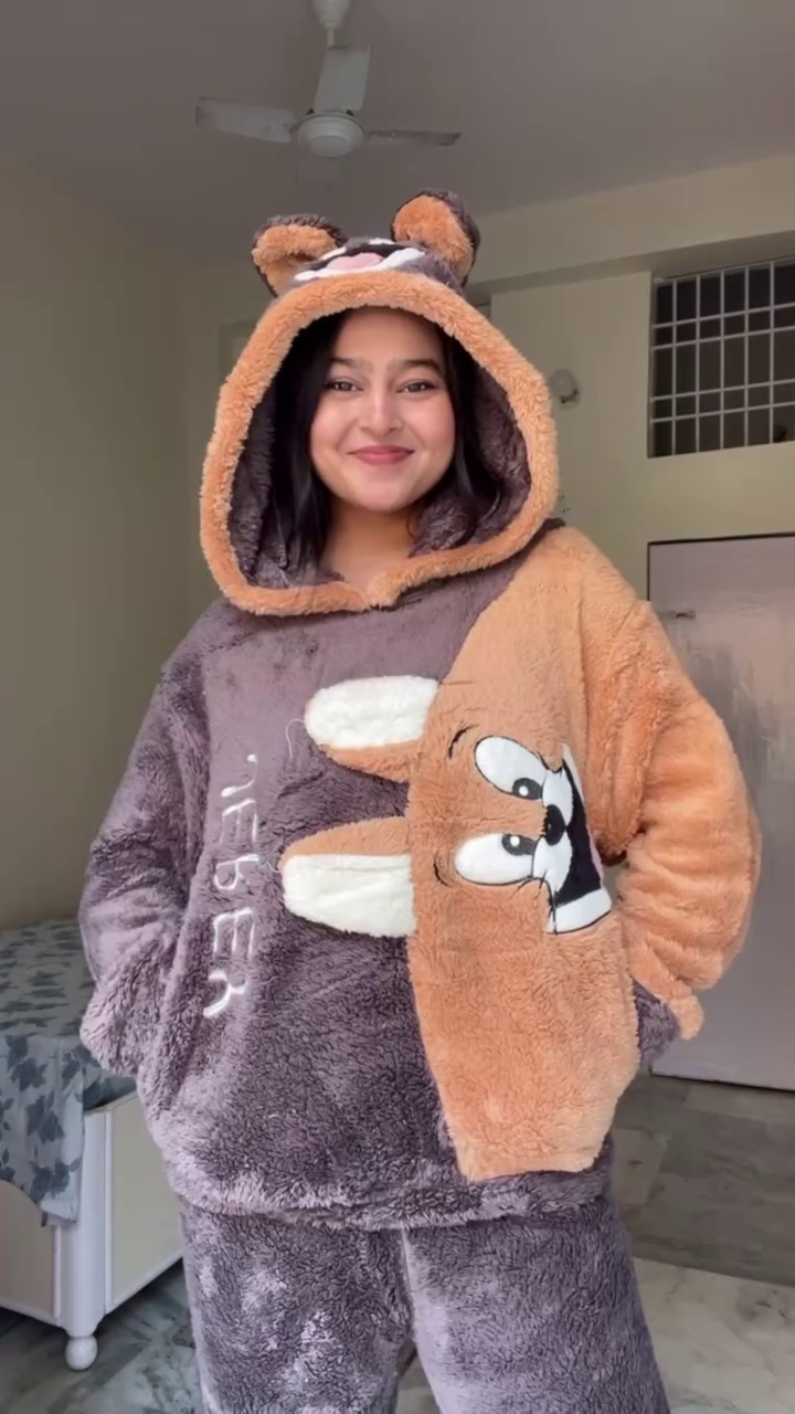 Brown & Beige Ultra‑Plush Cartoon Character Hoodie with Ears and Matching Jogger Pants Cozy Winter Loungewear Set” 🐻