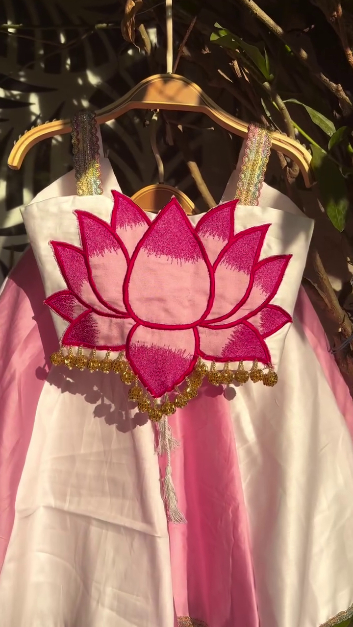 Pink & White Lotus‑Motif Embroidered Blouse with Flared Panel Lehenga Traditional Festive Set for Girls & Women” 🌸