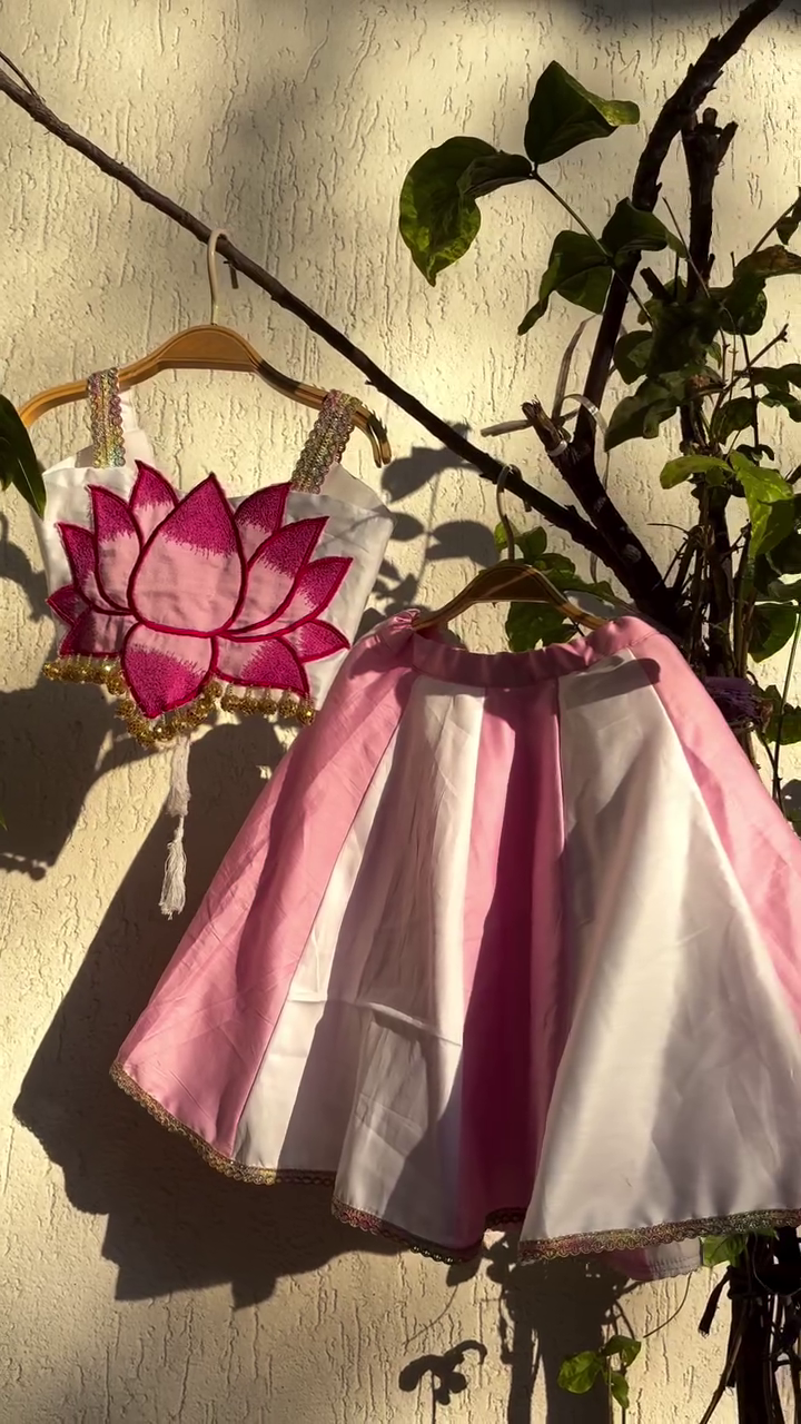 Pink & White Lotus‑Motif Embroidered Blouse with Flared Panel Lehenga Traditional Festive Set for Girls & Women” 🌸