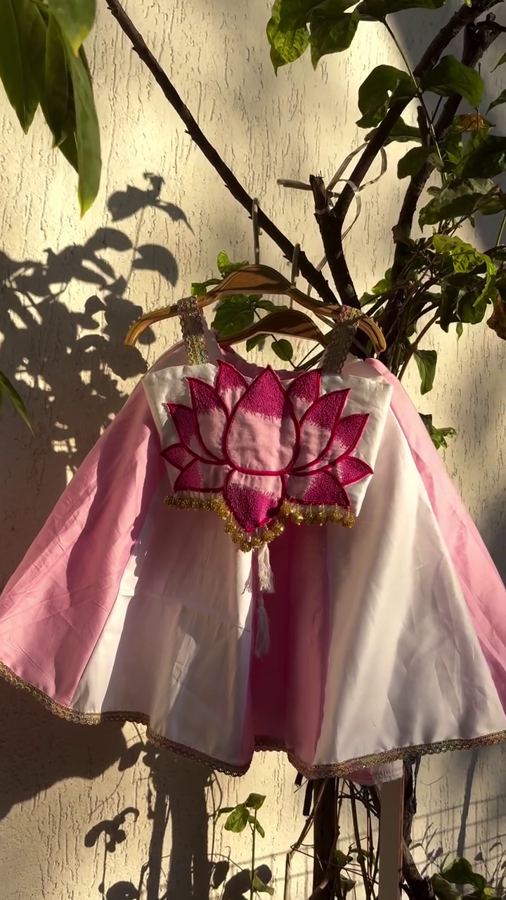 Pink & White Lotus‑Motif Embroidered Blouse with Flared Panel Lehenga Traditional Festive Set for Girls & Women” 🌸
