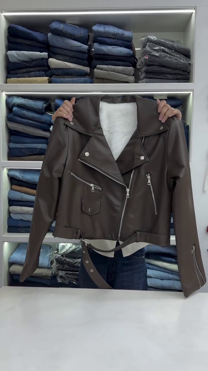 Ivory Faux‑Leather Belted Moto Jacket with Asymmetric Zip, Lapel Collar and Zip‑Detail Sleeves for Women” 🤍