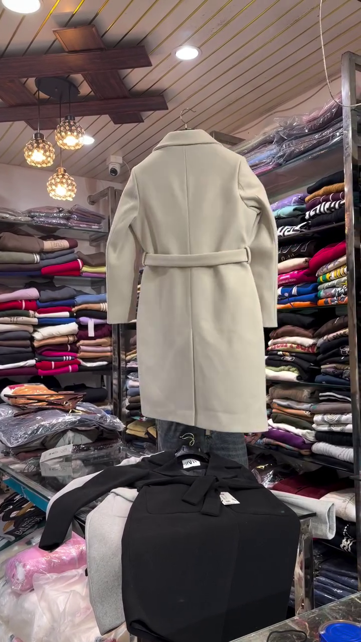 Cream Longline Belted Overcoat with Notch Lapel Collar, Patch Pockets and Tie‑Up Waist for Elegant Winter Layering” 🤍
