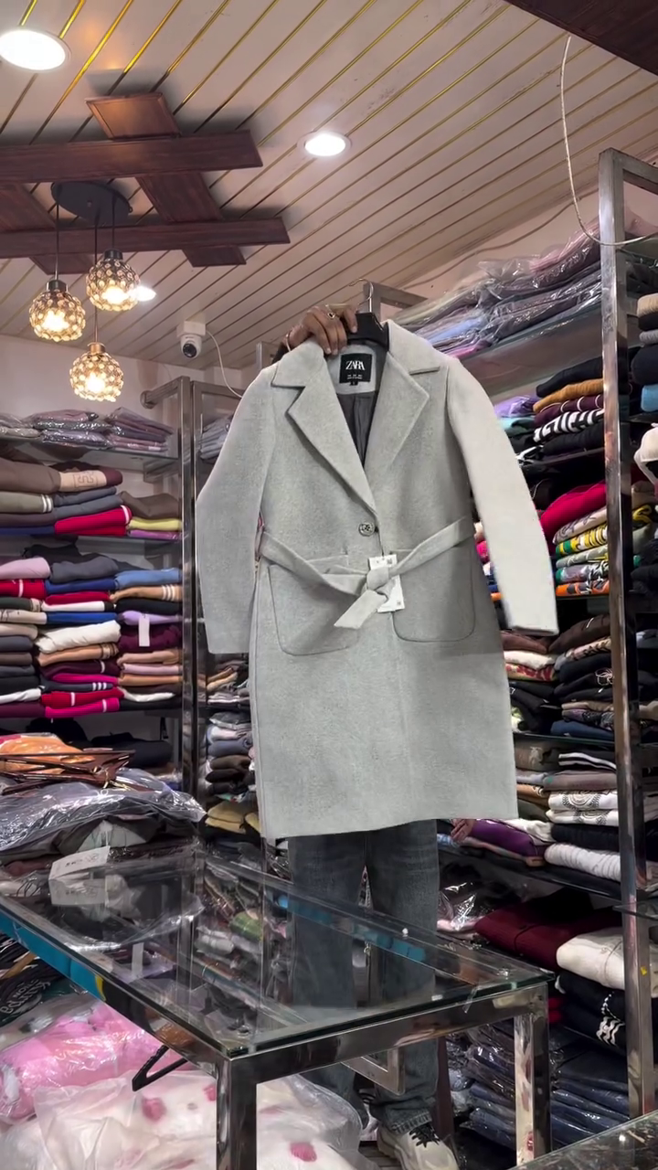 Cream Longline Belted Overcoat with Notch Lapel Collar, Patch Pockets and Tie‑Up Waist for Elegant Winter Layering” 🤍