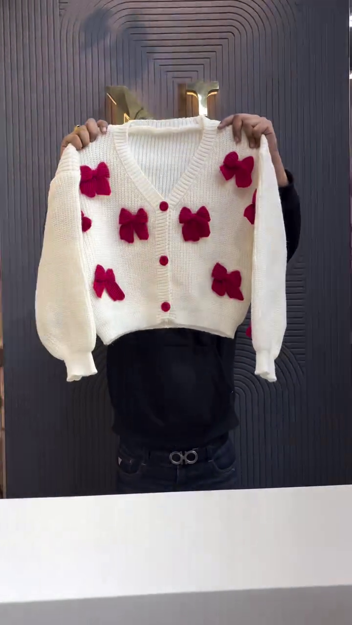 Baby Blue Oversized Cropped Cardigan with 3D White Bow Appliqués and Button Front for Cozy Aesthetic Wear” 💙