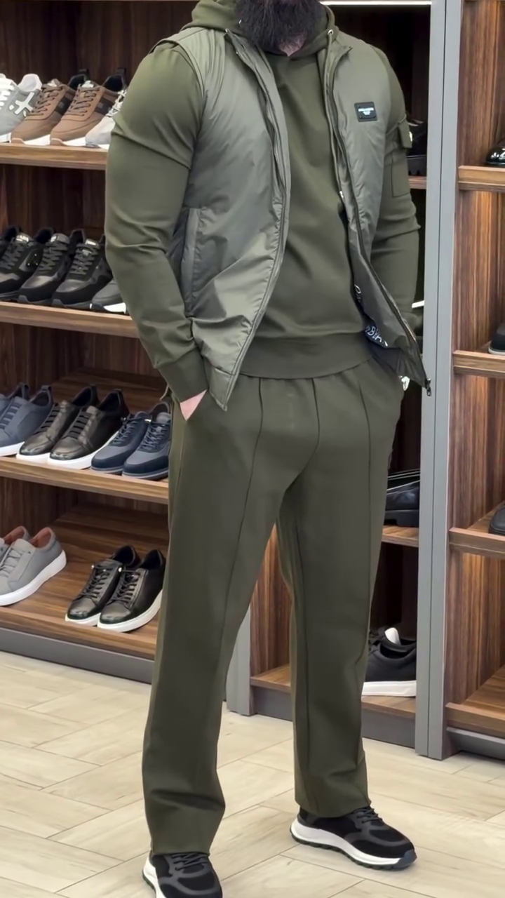 Olive Green Athleisure Co‑ord with Slim Hoodie, Sleeveless Puffer Vest and Tailored Jogger‑Style Trousers for Men” 🟩
