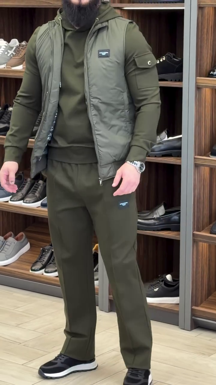 Olive Green Athleisure Co‑ord with Slim Hoodie, Sleeveless Puffer Vest and Tailored Jogger‑Style Trousers for Men” 🟩