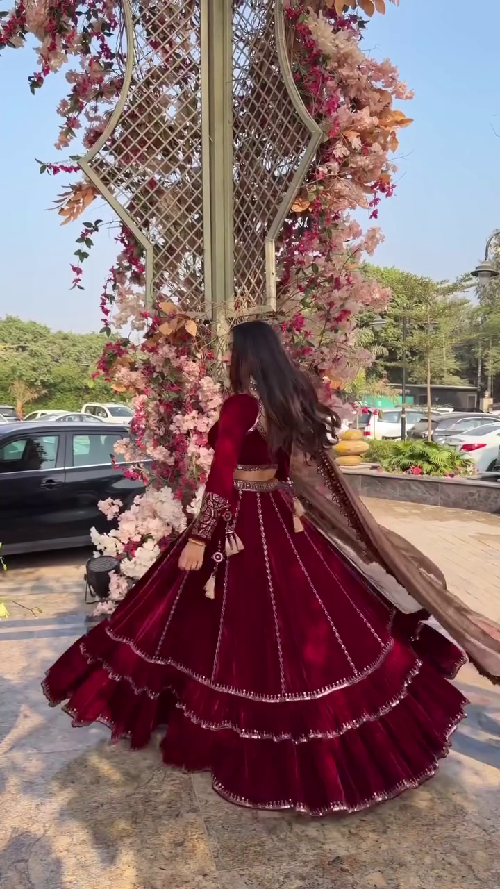 Deep Wine Velvet Lehenga with Long‑Sleeve Embroidered Blouse and Contrasting Dupatta Festive & Wedding Set” 🍷