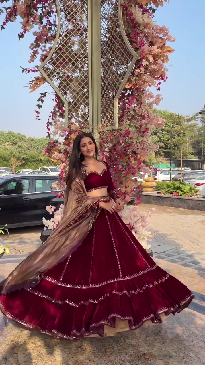 Deep Wine Velvet Lehenga with Long‑Sleeve Embroidered Blouse and Contrasting Dupatta Festive & Wedding Set” 🍷