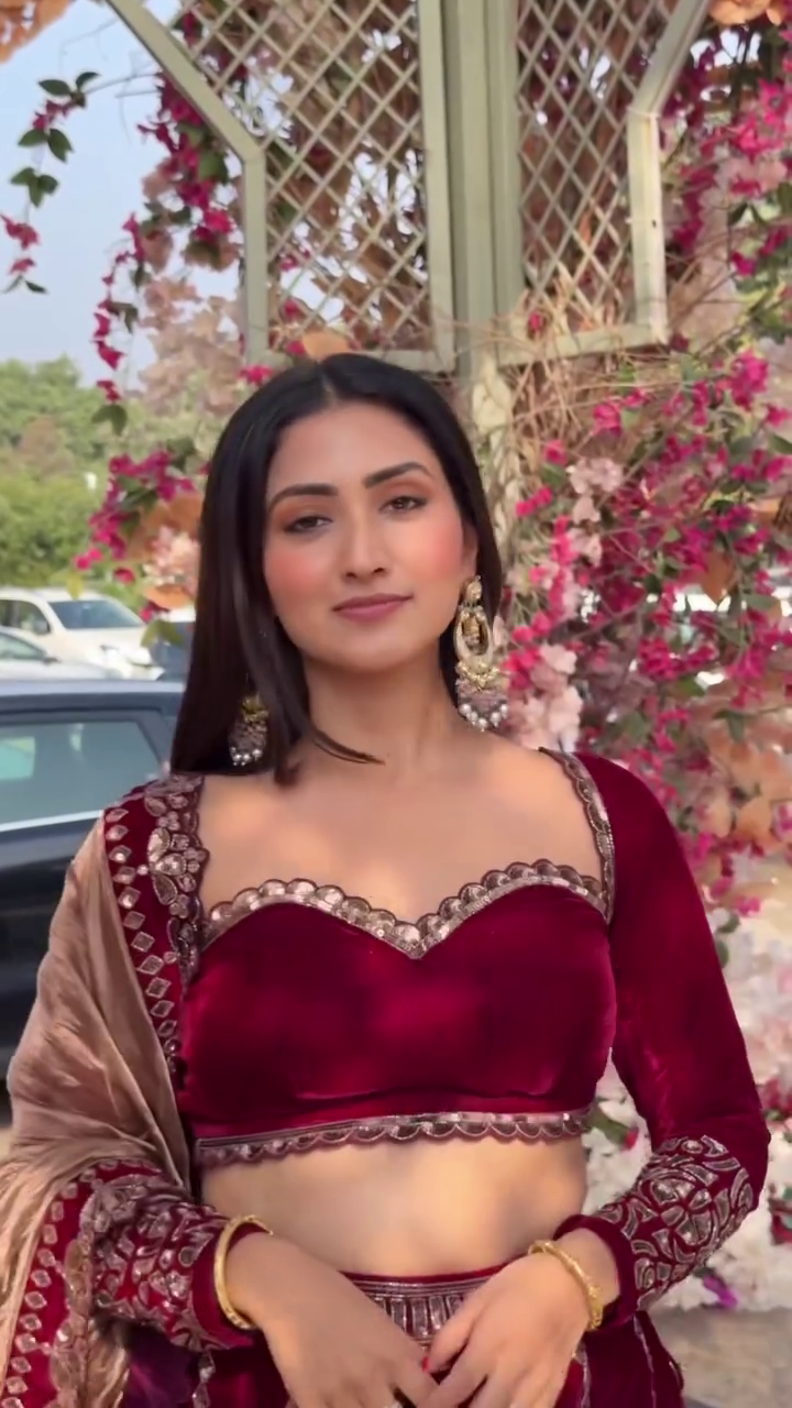 Deep Wine Velvet Lehenga with Long‑Sleeve Embroidered Blouse and Contrasting Dupatta Festive & Wedding Set” 🍷