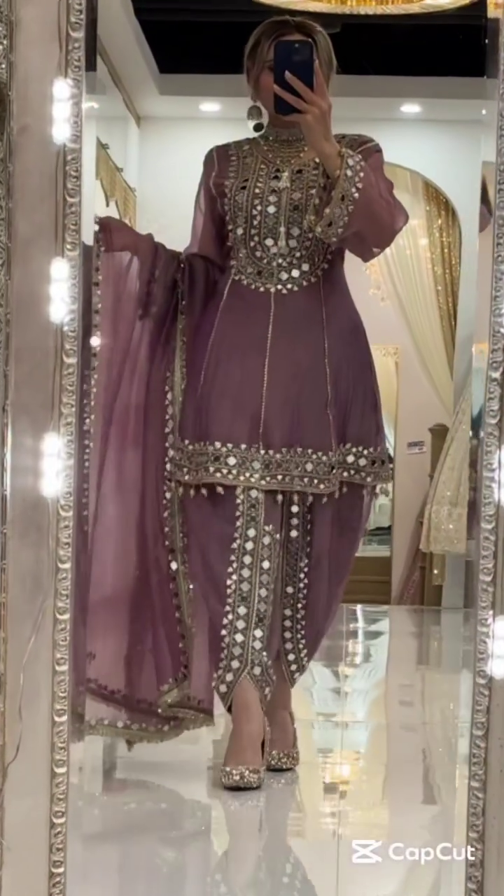 Lavender Heavy Mirror-Embroidered Short Kurti with Sharara Bottom & Dupatta 💜✨🪞