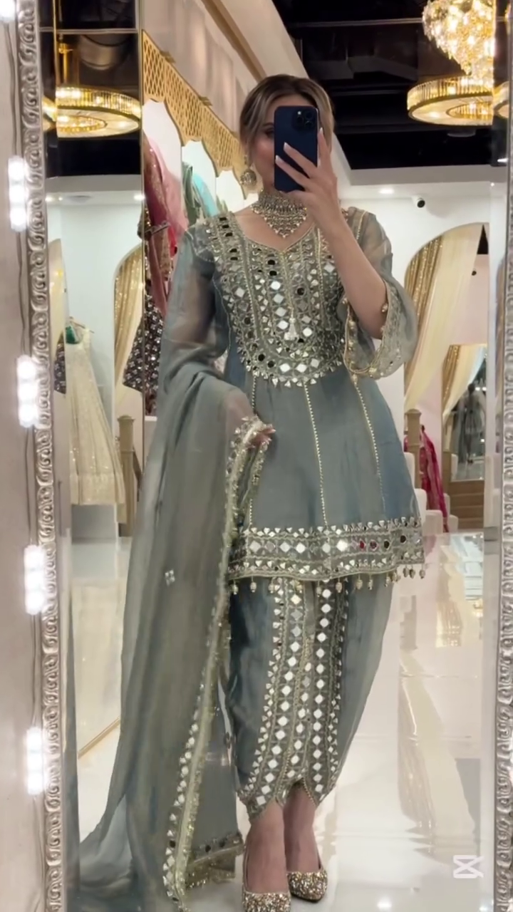Lavender Heavy Mirror-Embroidered Short Kurti with Sharara Bottom & Dupatta 💜✨🪞