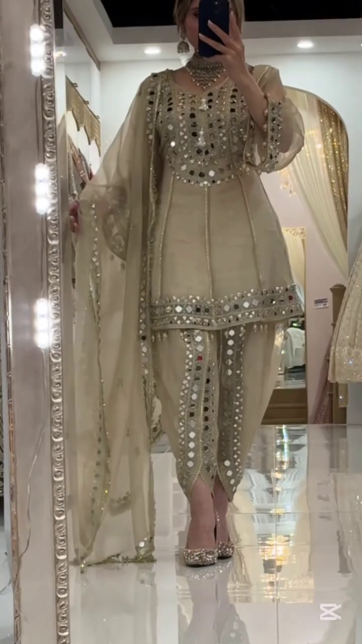 Lavender Heavy Mirror-Embroidered Short Kurti with Sharara Bottom & Dupatta 💜✨🪞