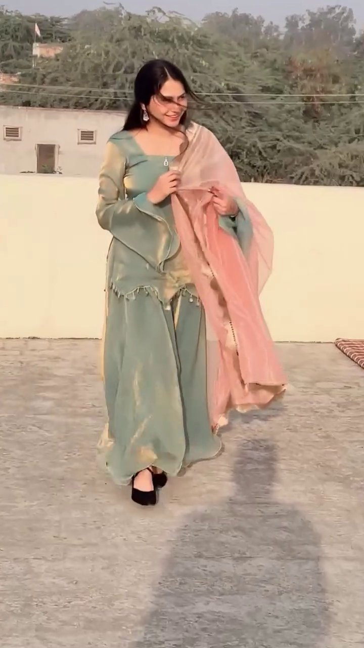 Verdant Royal Harmony 🌿 Green & Gold Kurta Palazzo Set with Blush Pink Dupatta, Zari Embroidery & Ethnic Elegance – Terrace Bloom Edition 🌅💫”