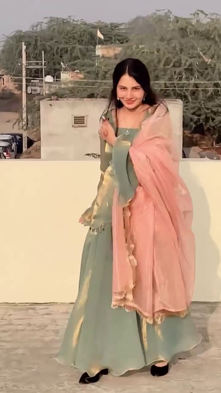 Verdant Royal Harmony 🌿 Green & Gold Kurta Palazzo Set with Blush Pink Dupatta, Zari Embroidery & Ethnic Elegance – Terrace Bloom Edition 🌅💫”