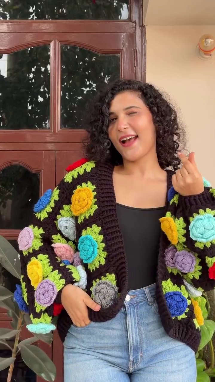 “Garden Glitch: Crocheted Cardigan of Wild Blooms & Handmade Joy 🌿💚🌸”