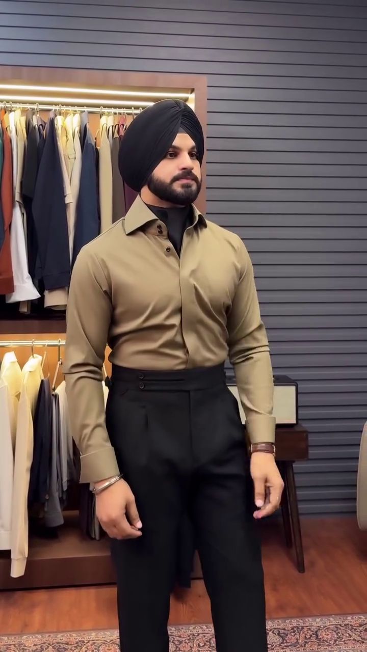 Sophisticated Black Turban with Beige Button-Up Shirt and High-Waisted Black Trousers Ensemble 👑👔🖤🌾✨