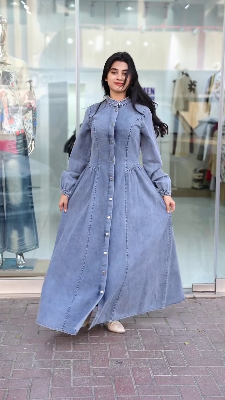Full-Sleeve High-Collar Denim Dress with Ruffle Detailing and Flared Silhouette 👗👖💙🌟✨