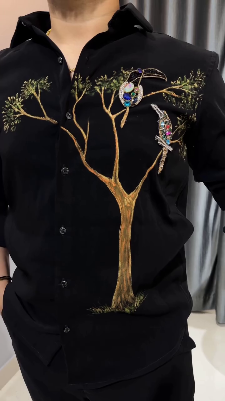 Black Embroidered Tree Design Shirt 🌳✨ with Classic Black Pants 🖤 and Brown Shoes 👞