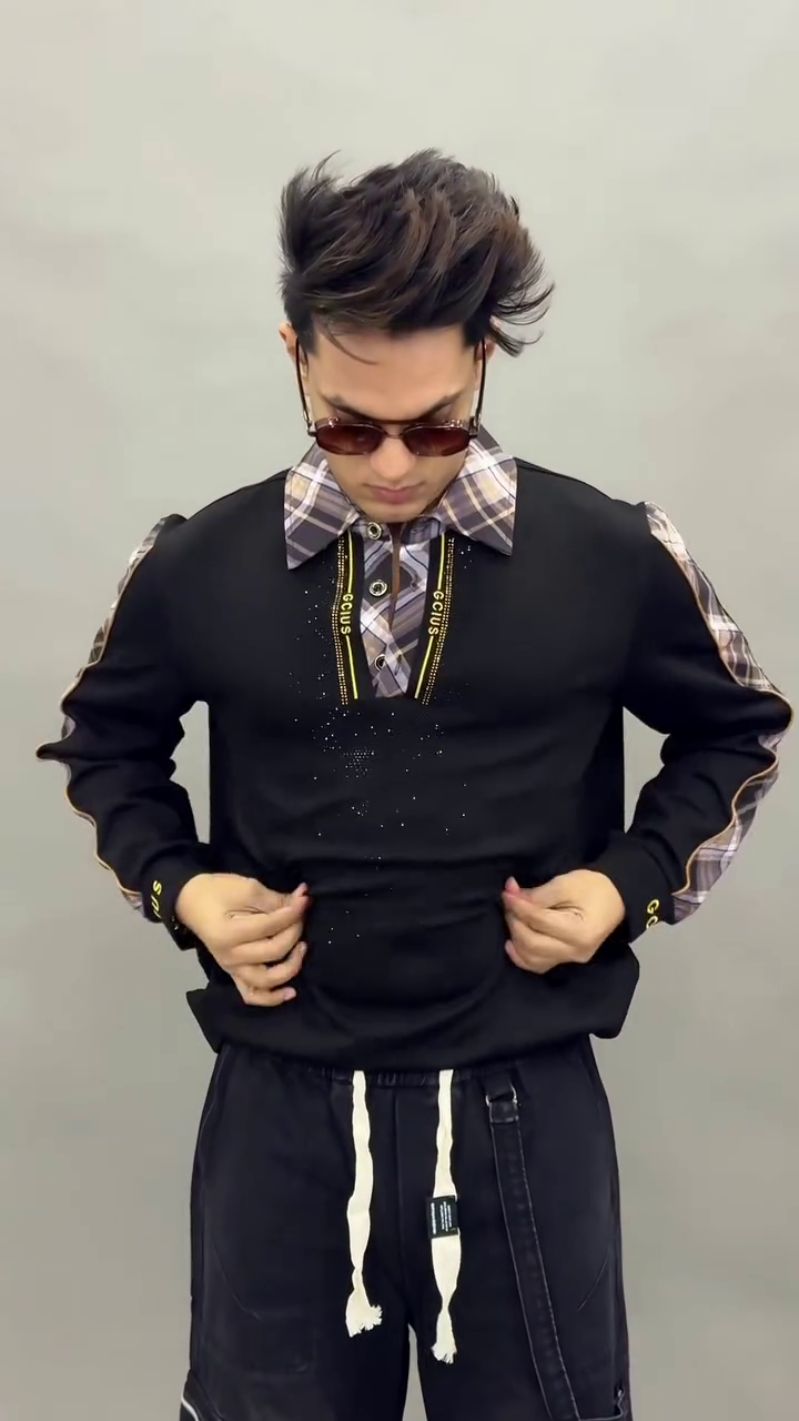 Black & Brown Collared Shirt 🖤🤎 with Patterned Shoulder Strip ✨ and Casual Black Pants 👖 with Drawstrings 🎀
