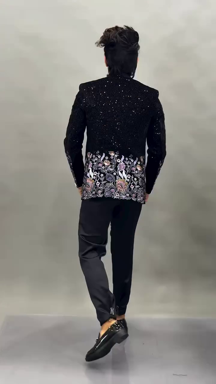 Black Sequined Blazer 🖤✨ with Intricate Floral Embroidery 🌸 Decorative Buttons ⚪ Stylish Black Trousers 👖 and Shiny Loafers 👞