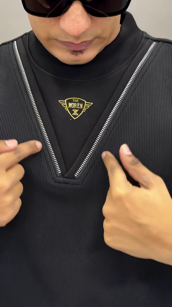 White Long-Sleeve Shirt 🤍👕 with Black & Gold Accents ✨ V-Shaped Neckline 🖤 Striped Cuffs 💛 and Black Pants 👖