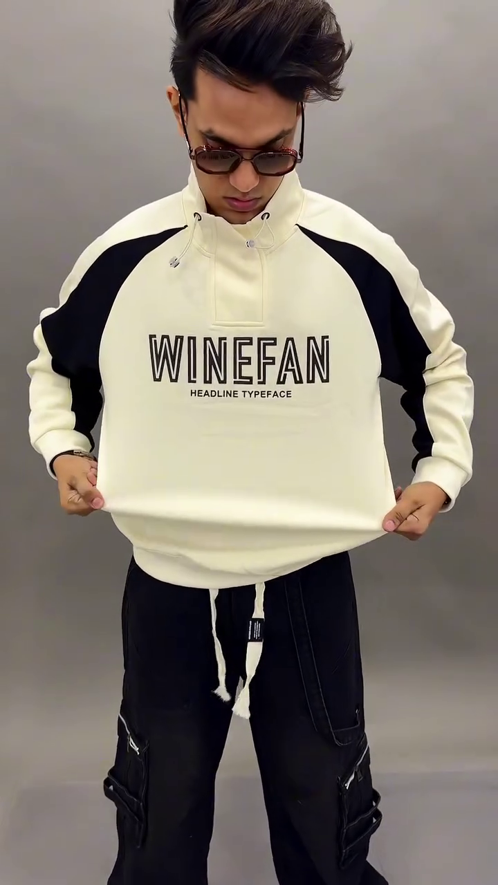 Men’s Cream & Black Contrast Panel Relaxed Fit Hooded Sweatshirt with Bold Front Typography 🧥🔥
