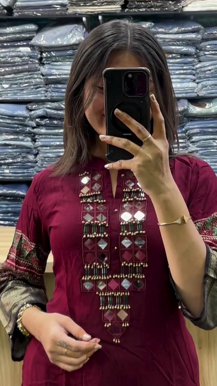 Women’s Maroon Ethnic Kurti with Mirror Work Panel & Printed Sleeve Borders ✨🪞