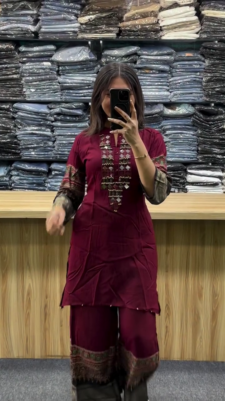 Women’s Maroon Ethnic Kurti with Mirror Work Panel & Printed Sleeve Borders ✨🪞