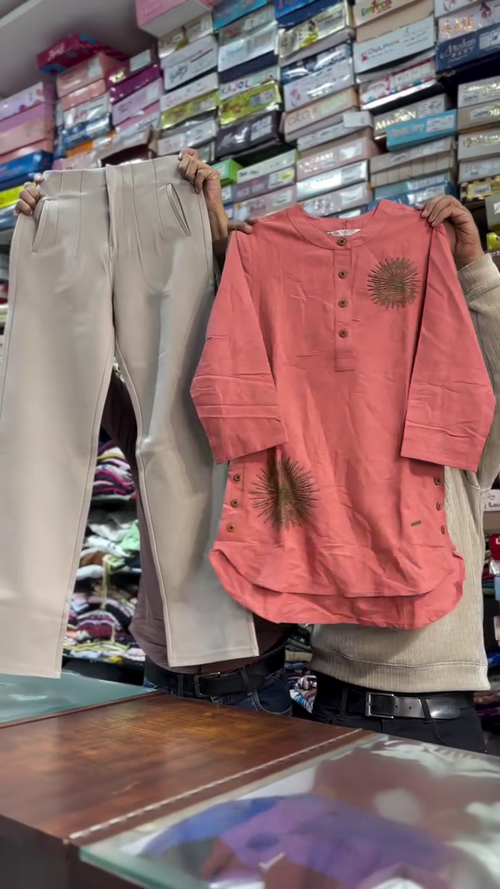 Earthy Brown Half-Sleeve Embroidered Sunburst Detail Tunic with Buttoned Placket & Cream Straight-Fit Trousers Set 🤎🌟✨