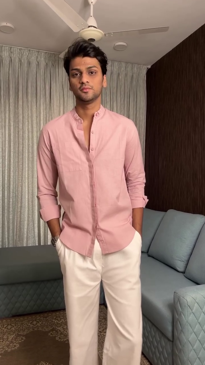 Soft Pastel Pink Mandarin Collar Slim-Fit Button-Down Shirt with Cream Tailored Straight Trousers Styling 🌸🤍✨