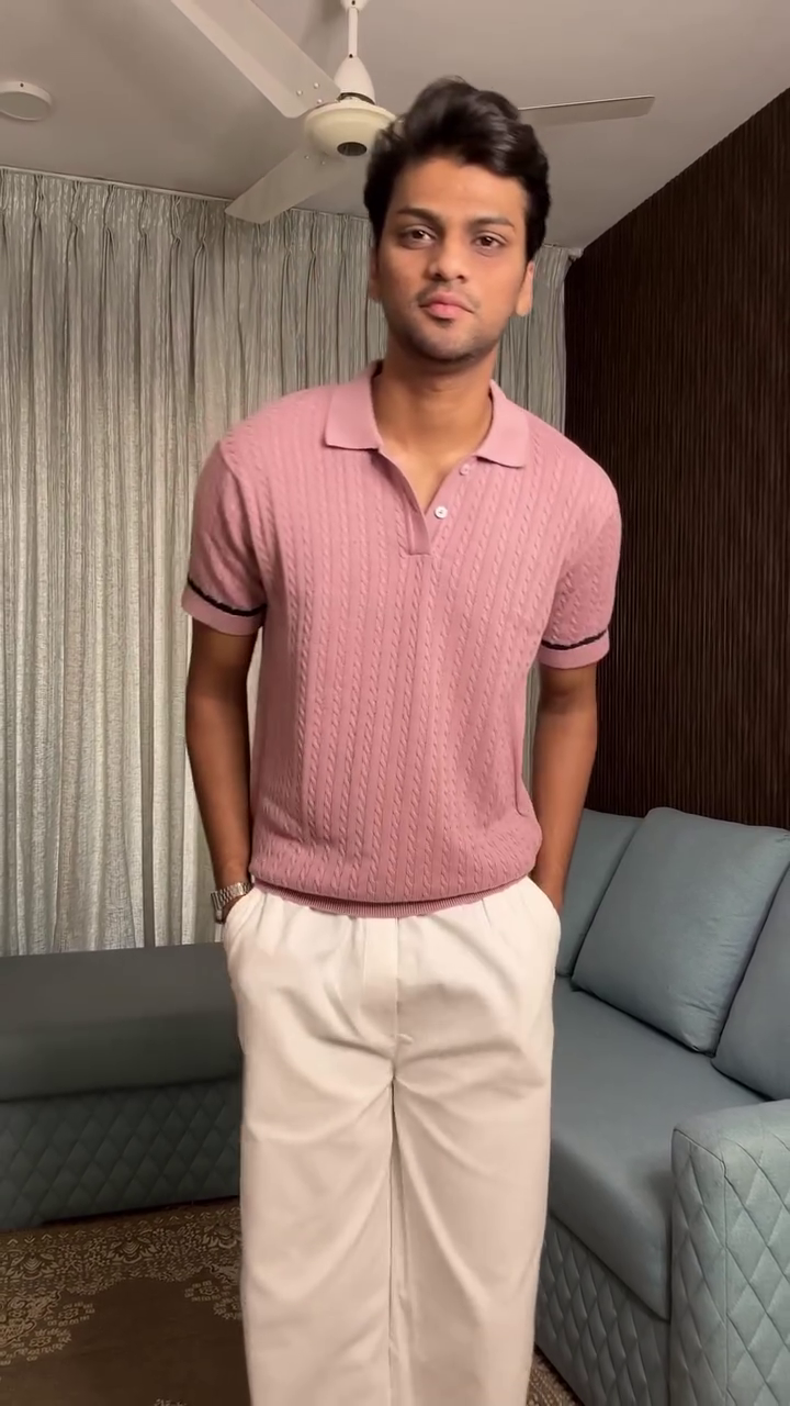 Soft Pastel Pink Mandarin Collar Slim-Fit Button-Down Shirt with Cream Tailored Straight Trousers Styling 🌸🤍✨