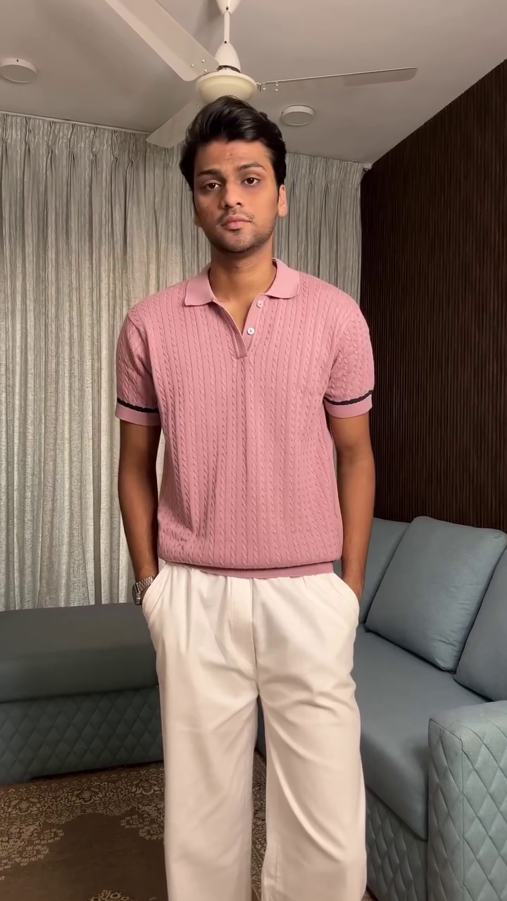 Soft Pastel Pink Mandarin Collar Slim-Fit Button-Down Shirt with Cream Tailored Straight Trousers Styling 🌸🤍✨