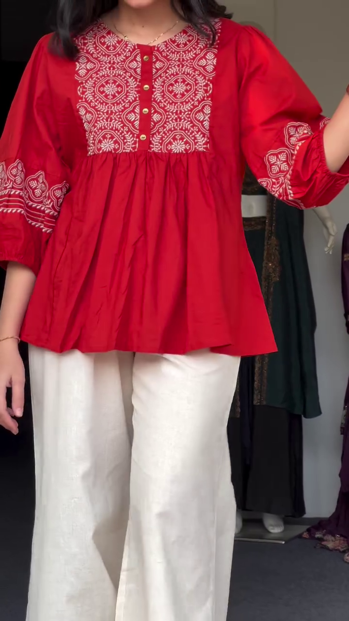 Vibrant Red Embroidered Round Neck Peplum Top with Three-Quarter Puff Sleeves and Cream Wide-Leg Palazzo Pants ❤️🤍✨