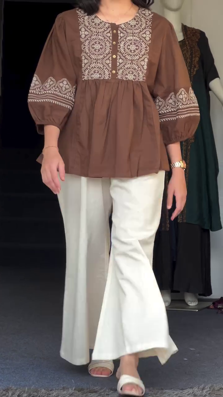 Vibrant Red Embroidered Round Neck Peplum Top with Three-Quarter Puff Sleeves and Cream Wide-Leg Palazzo Pants ❤️🤍✨