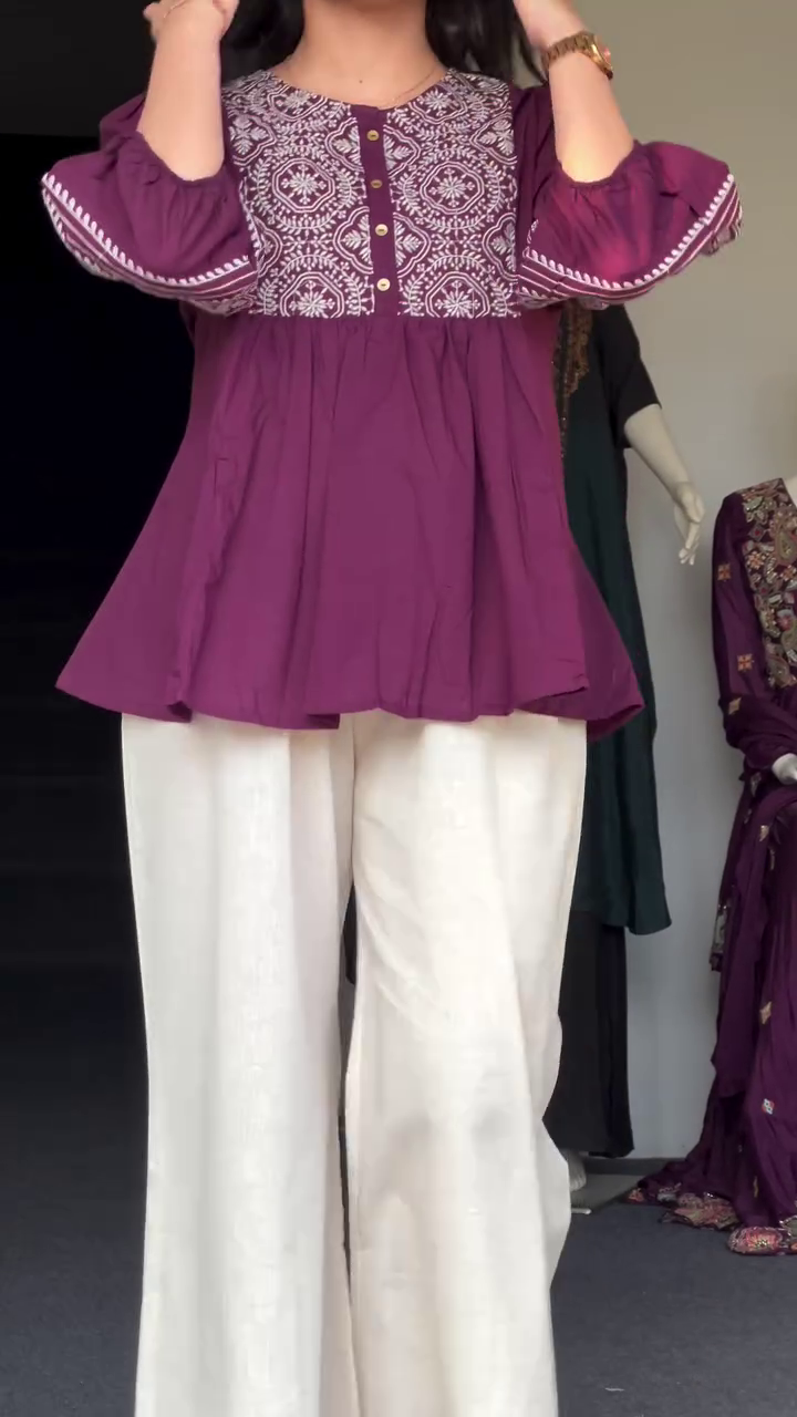Vibrant Red Embroidered Round Neck Peplum Top with Three-Quarter Puff Sleeves and Cream Wide-Leg Palazzo Pants ❤️🤍✨
