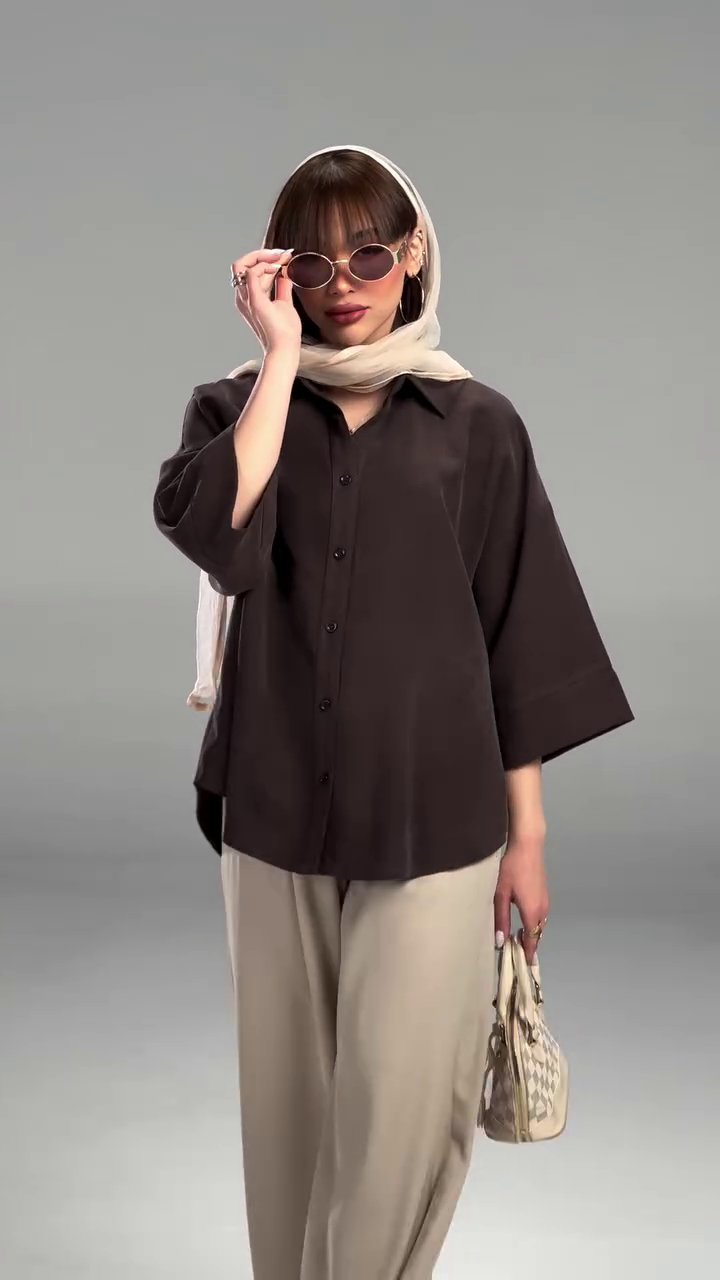 Chocolate Brown Oversized Button-Down Shirt with Elbow-Length Wide Sleeves and Beige High-Waist Wide-Leg Trousers 🤎🤍✨