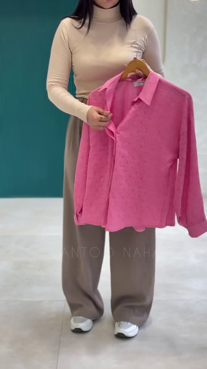 Textured Hot Pink Relaxed Button-Down Shirt with Full Sleeves and Taupe High-Waist Wide-Leg Trousers 💗🤎✨