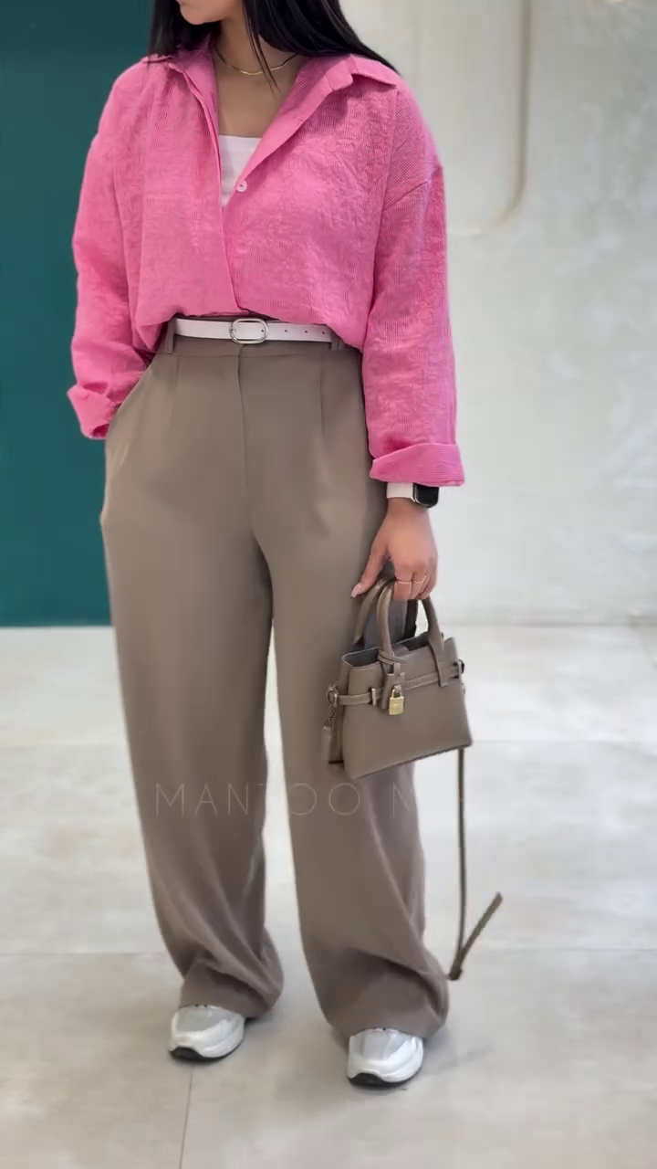 Textured Hot Pink Relaxed Button-Down Shirt with Full Sleeves and Taupe High-Waist Wide-Leg Trousers 💗🤎✨