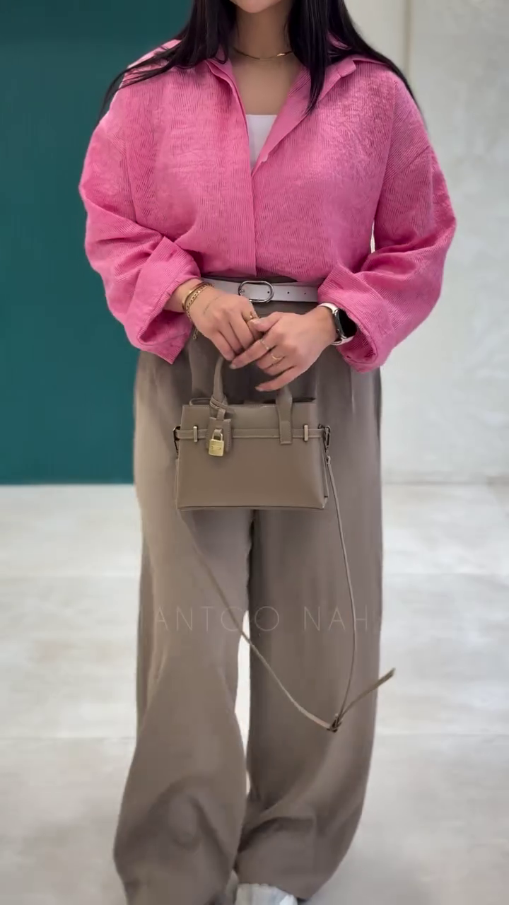Textured Hot Pink Relaxed Button-Down Shirt with Full Sleeves and Taupe High-Waist Wide-Leg Trousers 💗🤎✨