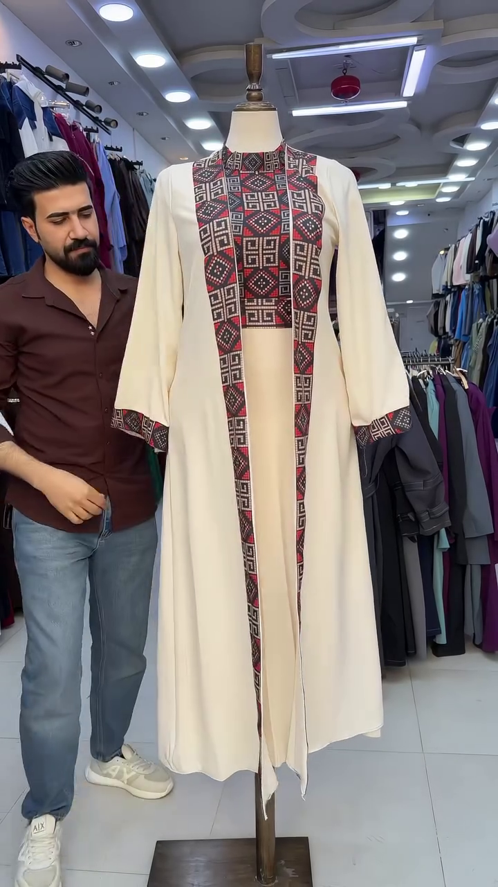 Elegant Cream Full-Length Open Front Abaya Style Dress with Red & Black Geometric Ethnic Panel Detailing and Wide Sleeves 🤍❤️🖤✨