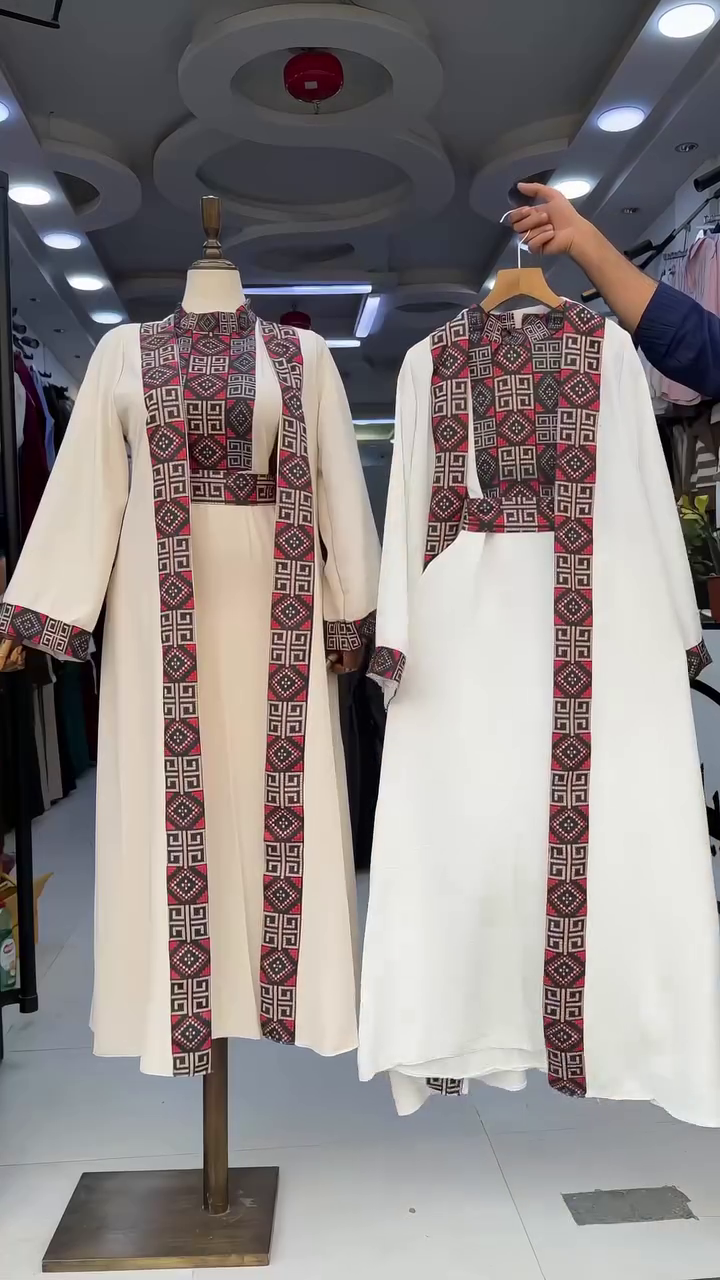 Elegant Cream Full-Length Open Front Abaya Style Dress with Red & Black Geometric Ethnic Panel Detailing and Wide Sleeves 🤍❤️🖤✨